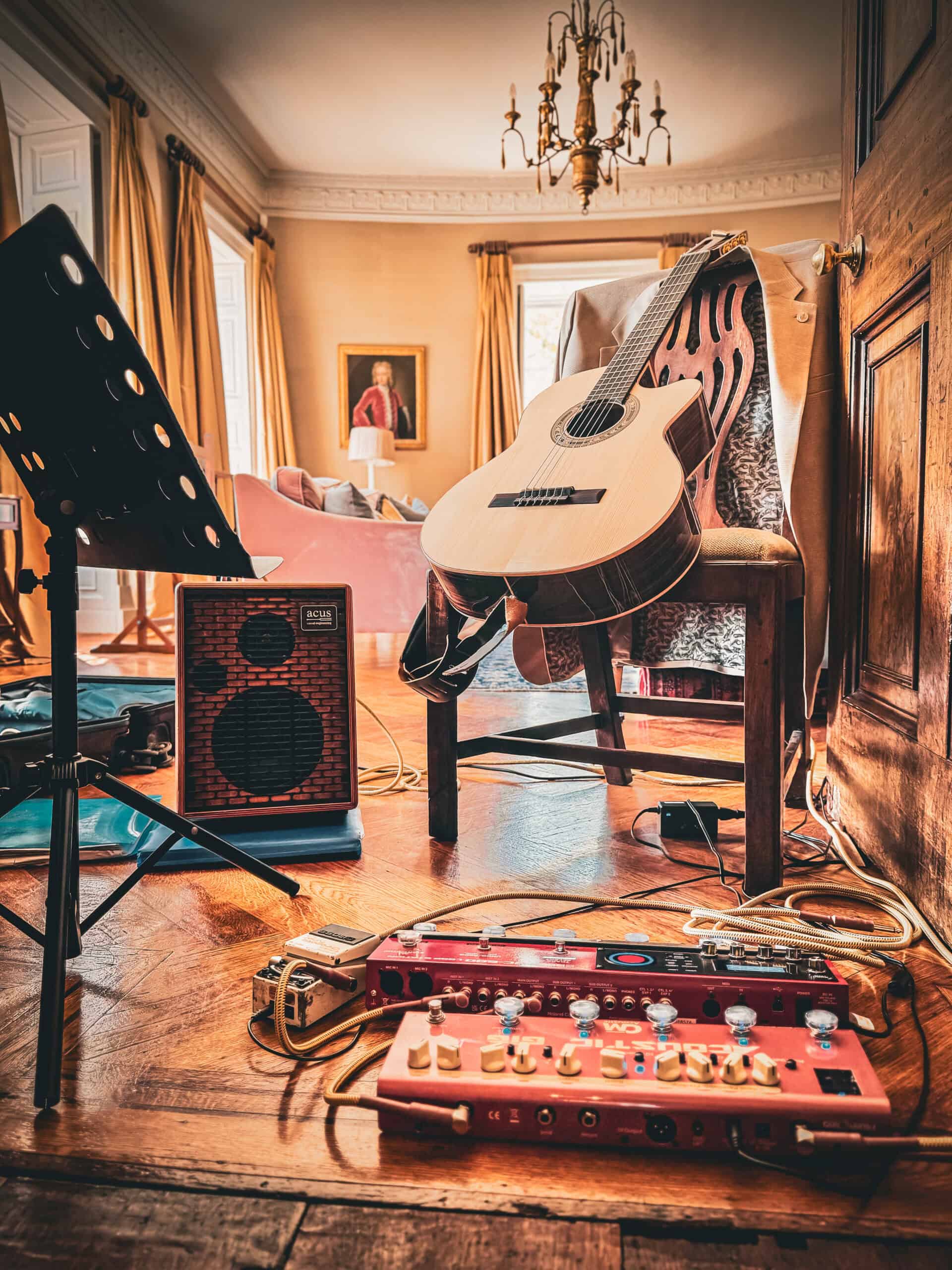 Camera and lighting gear laid out